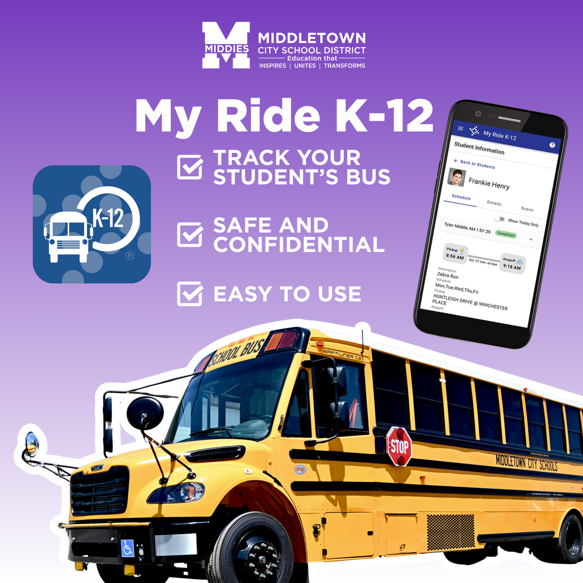 My Ride K-12 logo, MCSD logo, image of a bus